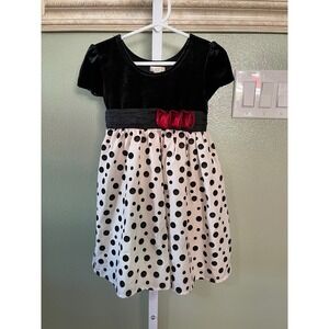 Children's Place Girl's Party Dress Black Velvet White Polka Dots Red Flower 3T
